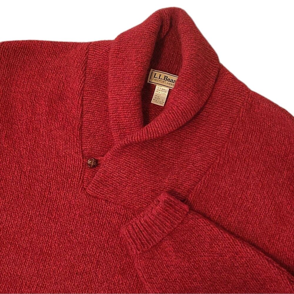 VTG L.L.Bean Mens Large Red Wool Sweater Shawl Collar Fisherman Made USA